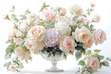 A glass vase filled with soft pastel-colored roses, peonies, and hydrangeas on a white background.