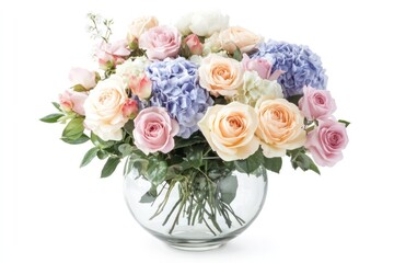 Fototapeta premium A glass vase filled with soft pastel-colored roses, peonies, and hydrangeas on a white background.