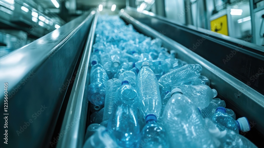 Poster A close-up shot of an escalator with a pile of plastic bottles at a factory, ready for processing and recycling in a PET recycling plant