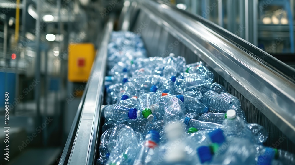 Poster A close-up shot of an escalator with a pile of plastic bottles at a factory, ready for processing and recycling in a PET recycling plant