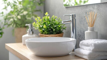 Modern Bathroom Interior with Sleek Sink and Stylish Decor Elements