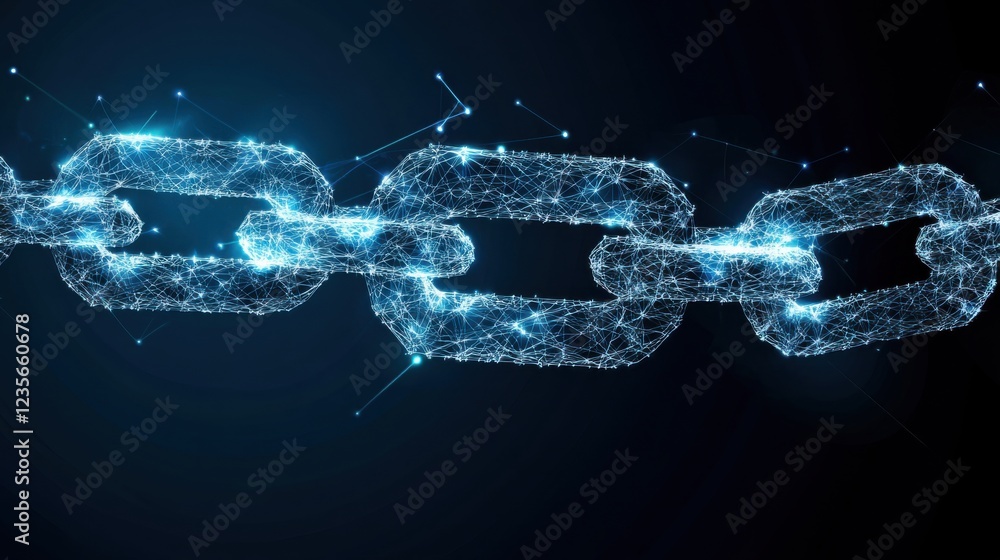 Poster futuristic digital chain link representing blockchain technology with glowing effects