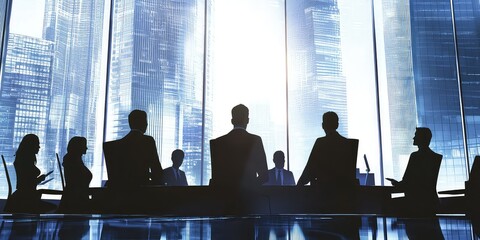 A business expert giving advice to a small team in a sleek office.