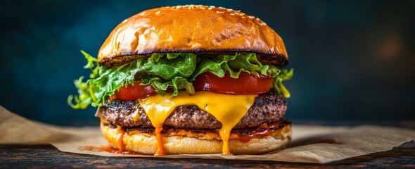 Juicy cheeseburger with melted cheese, lettuce, and tomato on a sesame seed bun. (1)