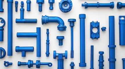 Obraz premium A collection of blue PVC plumbing pipes and connectors arranged symmetrically on a white surface, emphasizing their industrial design