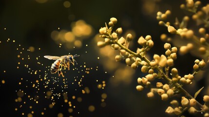 Fototapeta premium Bee Collecting Pollen from Flower with Soft Focus Background