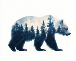 Bear silhouette filled with forest scenery.