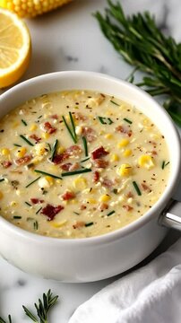 Homemade creamy corn chowder with bacon and fresh herbs served in a bowl with lemon slices on the side
