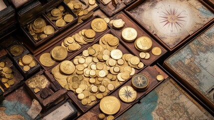 A collection of gold coins and gold bars, surrounded by antique maps and compasses, capturing the essence of wealth and exploration
