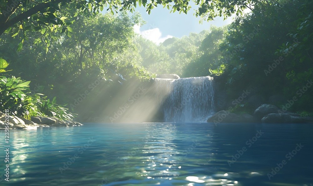 Poster serene waterfall cascading into a tranquil blue pool surrounded by lush greenery.