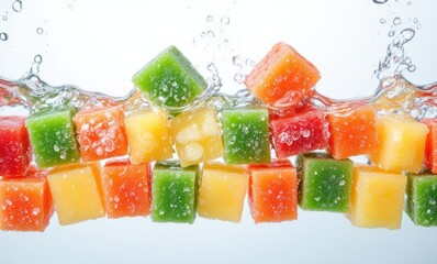 Colorful fruit cubes splashing in water