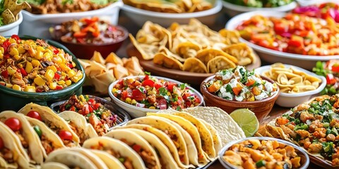 Fototapeta premium A colorful spread of traditional Hispanic dishes, including tacos, empanadas, and tamales.