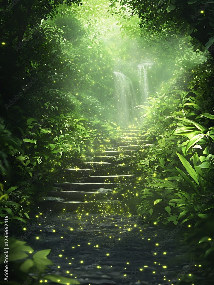 Poster lush forest pathway illuminated by soft light and glowing fireflies near cascading waterfalls.