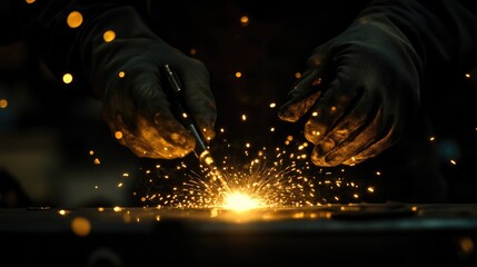 A welder with gold spark bokeh fire flame from cutting steel welding at industry factory.