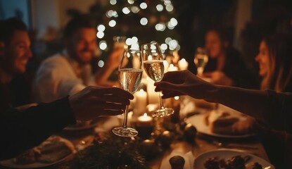toasting glasses dinner party of sparkling champagne with romantic lights of valentine celebration party.