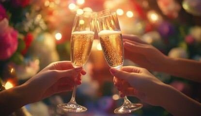 toasting glasses dinner party of sparkling champagne with romantic lights of valentine celebration party.