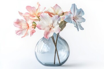 A high-resolution image of pastel flowers in a sleek glass vase, with a blurred white background.