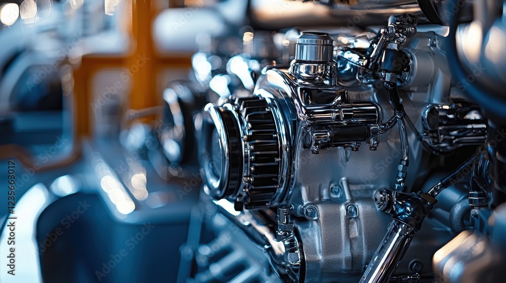 Poster close-up view of a polished engine component with detailing shine