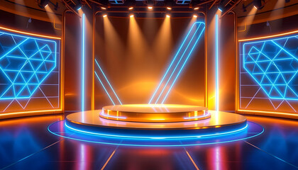 Golden stage, dramatic spotlights, glowing platform, shimmering backdrop, blue sparkles, reflective floor, concert venue, theatrical lighting, empty podium, grand presentation, futuristic design, high