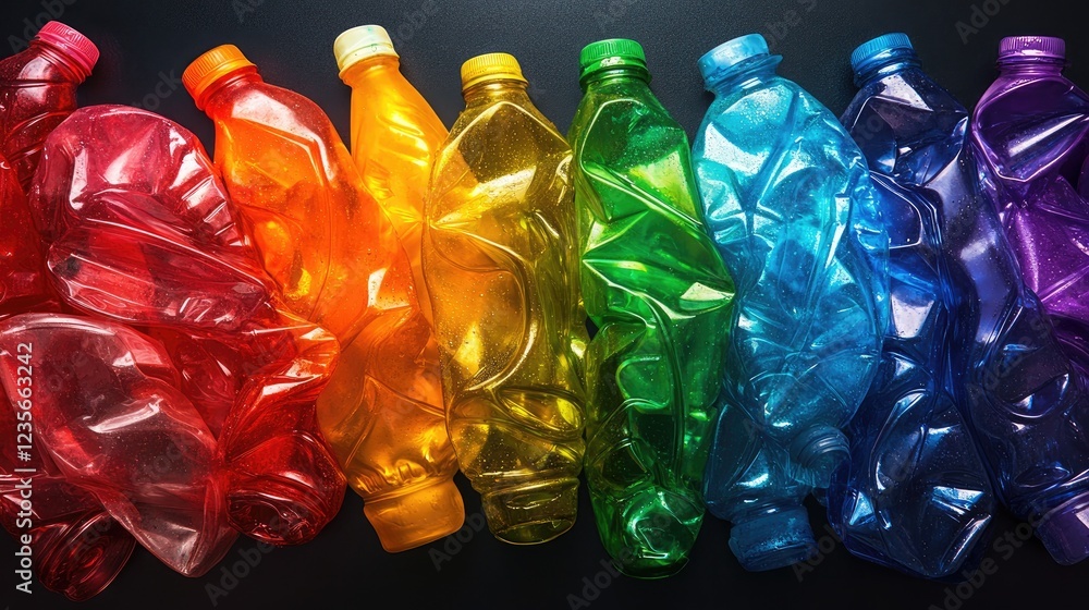 Poster a composition of discarded plastic bottles in vibrant colors, set against a dark backdrop to create 