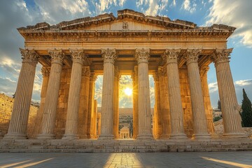 Obraz premium Sunset at Roman Temple, Baalbek, Lebanon; ancient ruins backdrop.