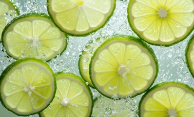 Fresh lime slices with sparkling water droplets