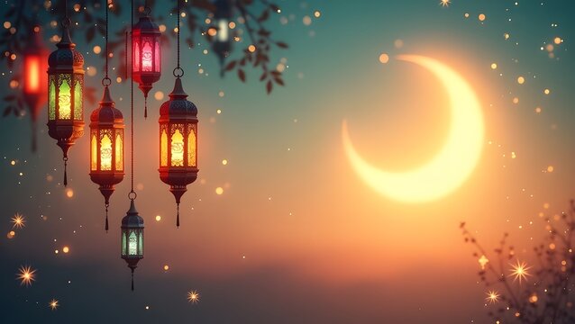 Ramadan, greeting poster image, Beautiful lantern lamp on the beach with crescent moon on the night sky, 2026, Ramadan Kareem, and Eid Mubarak photography, Ramadan Mubarak, 