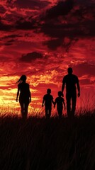 Family silhouette sunset walk, fiery sky, grass field, hope concept