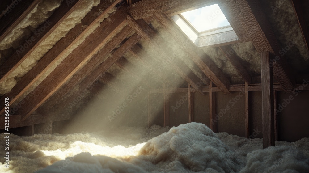 Poster a construction zone in an attic, with insulation visible and sunlight streaming through a skylight, 