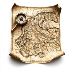Vintage Map with Compass and Magnifying Glass, Detailed Exploration Artifact for Adventure and Travel Themes