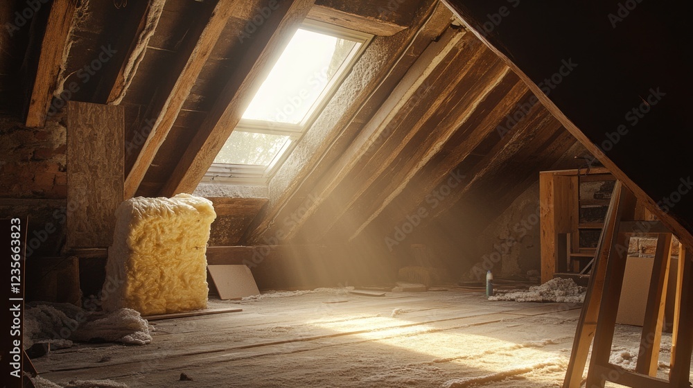 Poster A construction zone in an attic, with insulation visible and sunlight streaming through a skylight, capturing the potential of the evolving space