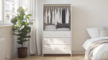 A crisp white chest of drawers neatly organized with clothes, situated in a minimalist bedroom with wooden floors and soft, natural lighting for a calm vibe