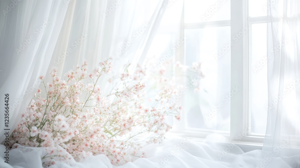 Poster a delicate white window with flowing curtains and soft, blooming flowers, creating an elegant and pe