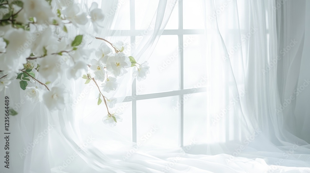 Poster a delicate white window with flowing curtains and soft, blooming flowers, creating an elegant and pe