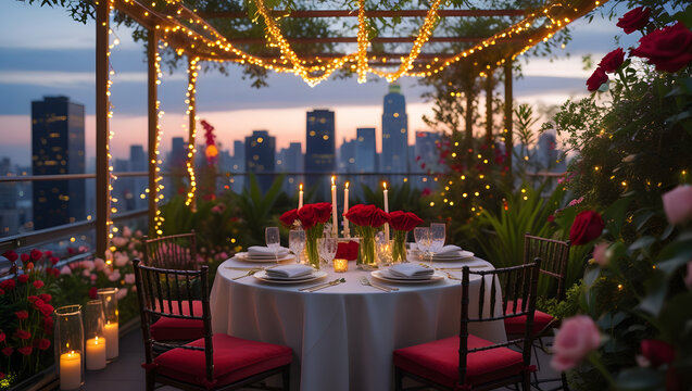 A romantic rooftop dinner for two with fairy lights, candlelit greenery, red rose centerpieces, fine china, and a city skyline backdrop, creating an intimate, magical atmosphere.