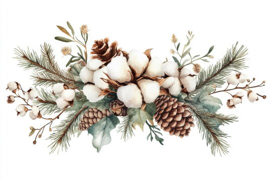 Watercolor festive border showcasing evergreen foliage, pine cones, cotton flowers, and foliage perfect for sophisticated wedding invitations and seasonal greeting cards