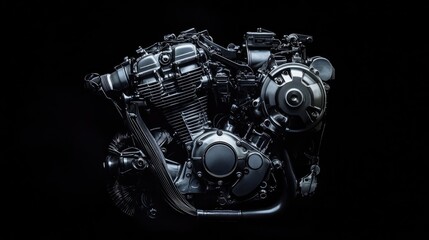 A detailed shot of a motorcycle engine, set against a black background, highlighting its smooth lines and engineering craftsmanship