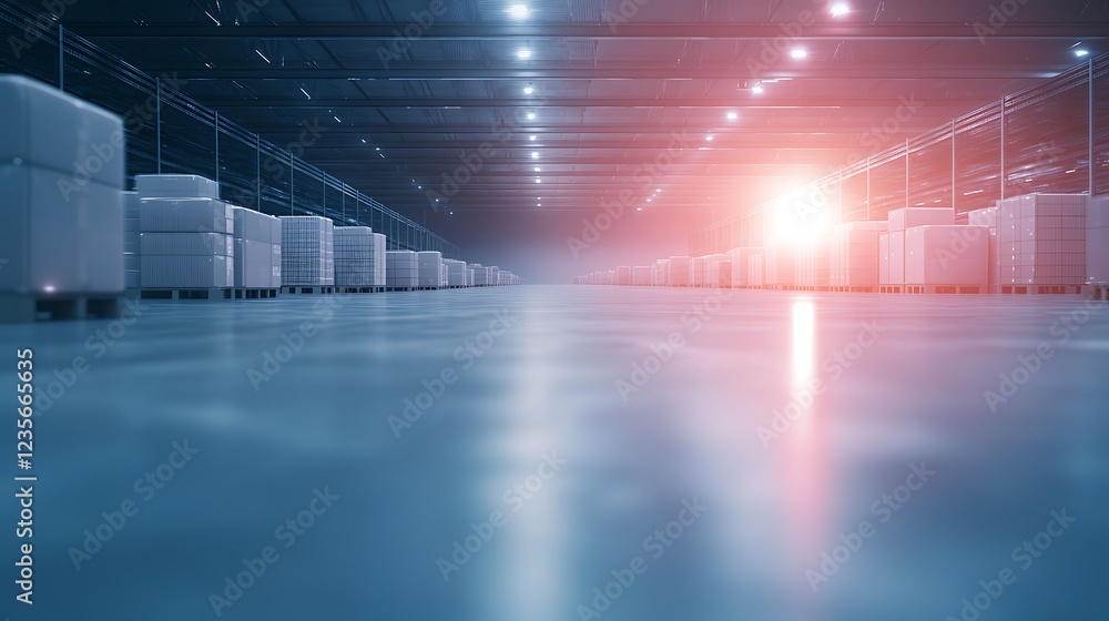 Aufkleber spacious warehouse interior with illuminated crates and a glowing light source in the distance.