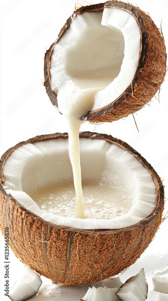 Poster fresh coconut with milk flowing from open shell on white background