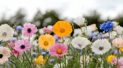 Obraz premium Colorful cosmos and cornflower wildflowers blooming in a sunny meadow during a bright summer day.
