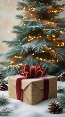 Elegant Christmas gift with a shiny red ribbon placed under a beautifully decorated tree with golden ornaments and warm fairy lights, evoking a festive holiday spirit
