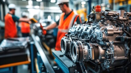 Fototapeta premium A diesel engine being repaired in a vehicle repair plant, with mechanics working in the background, emphasizing precision and expertise in engine maintenance