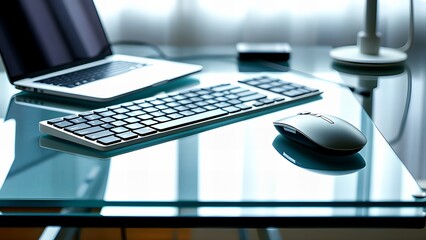 Minimalist Office Setup with Wireless Keyboard and Mouse on Glass Desk
