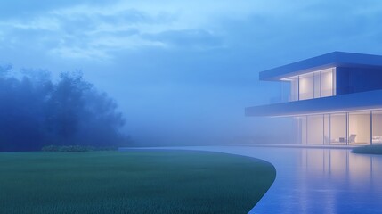 Fototapeta premium Modern house surrounded by misty landscape under a serene blue sky.