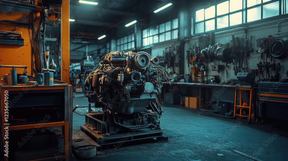 Poster a diesel engine inside a vehicle repair workshop, with mechanics adjusting components, focusing on t