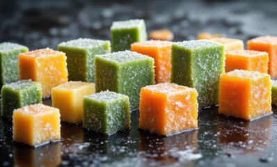 Colorful fruit-flavored gelatin cubes