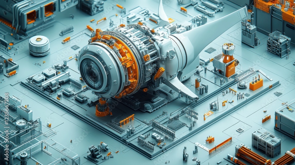 Poster futuristic aircraft engine model displayed in a high-tech workshop with intricate machinery