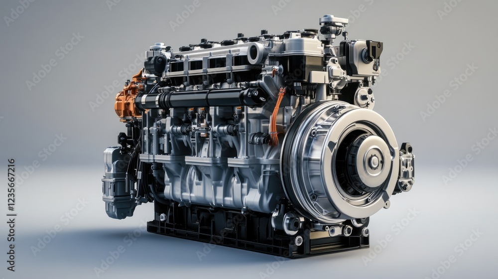 Aufkleber a diesel engine isolated on a gray background, focusing on its intricate components and industrial q