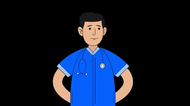 Animated man doctor character. man in medical uniform. Full body flat person on white background with alpha channel transparency. HD video footage for animation