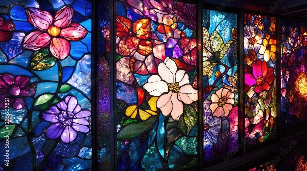 Poster a display of intricate floral designs in vibrant stained glass, glowing with radiant colors and deli